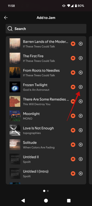 Adding songs to Jam as host in Spotify app. 