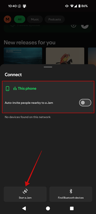 Selecting "Start a Jam" in Spotify mobile app. 
