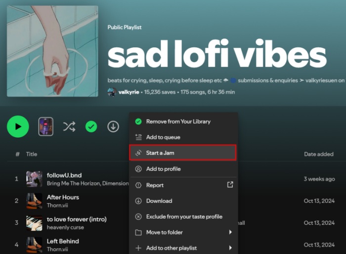 Starting a Jam from playlist in Spotify desktop app. 