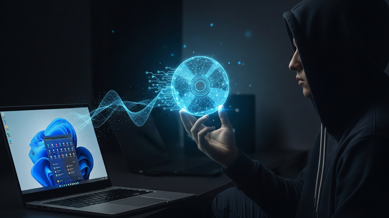 shady man sending a holographic disc to a Windows laptop on table