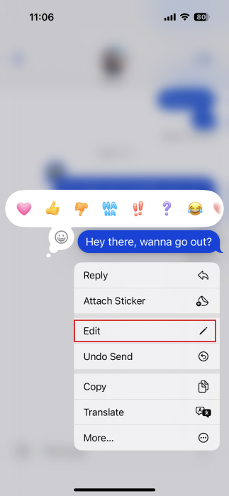 Tapping "Edit" button for message in Message app on iPhone. 