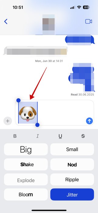 Applying animation effect on emoji in Messages app on iPhone. 