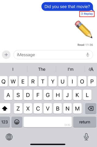 Pressing "Replay" button for screen effect in Messages app on iPhone. 
