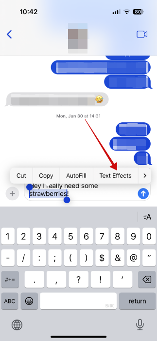 Selecting "Text Effects" option in menu when long-pressing on word in Messages app on iPhone. 