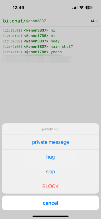 Interaction menu in BitChat on iOS. 
