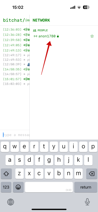 Tapping on person nearby in BitChat app on iOS. 