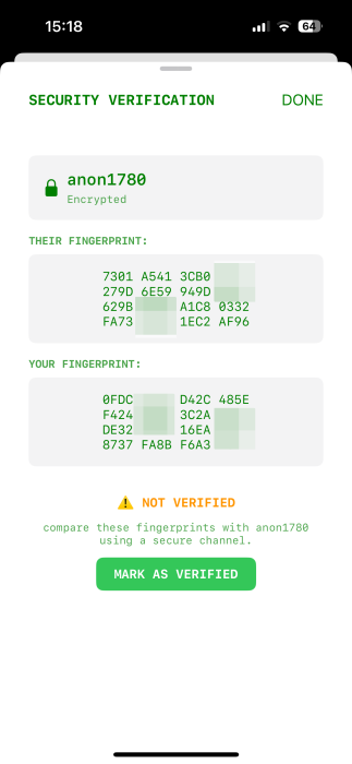 Security verification details in BitChat on iOS. 