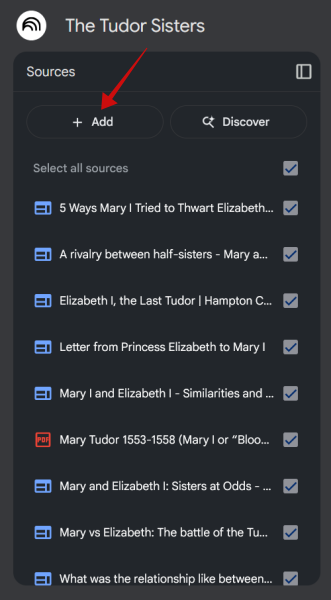 Pressing on "Add" button in Sources section in NotebookLM.
