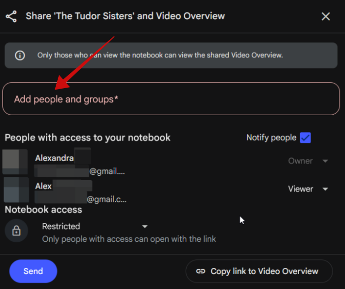 Adding people to share video with in NotebookLM.