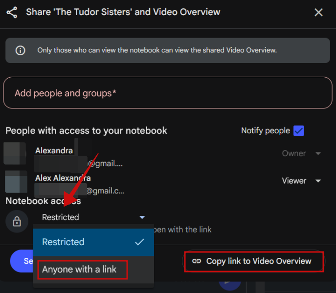 Copying link to Video Overview in NotebookLM.