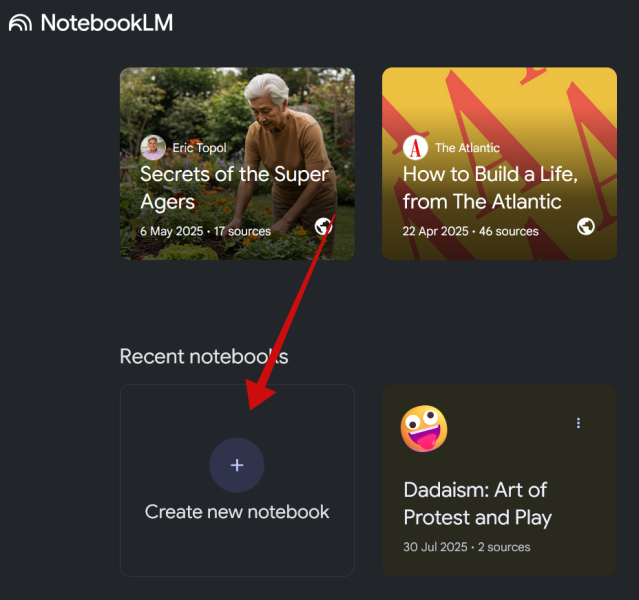 Press on "Create new notebook" in NotebookLM on PC.
