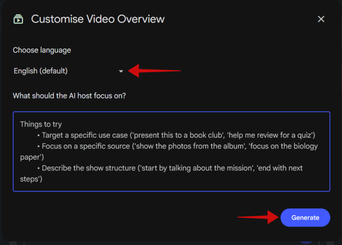 Changing language and instructions in Customise Video Overview in NotebookLM.