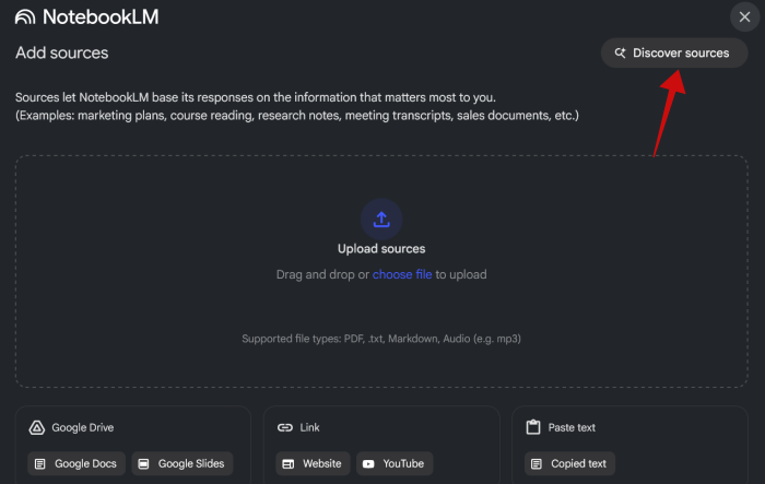 Clicking on "Discover sources" in NotebookLM to add more sources from the web.