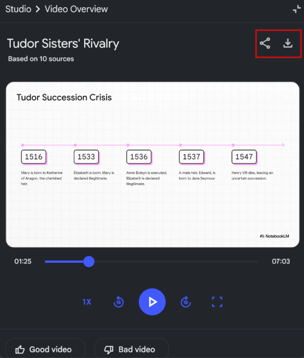 Downloading or Sharing a video created with NotebookLM.