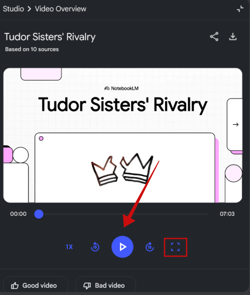 Pressing "Play" to start viewing video in NotebookLM.