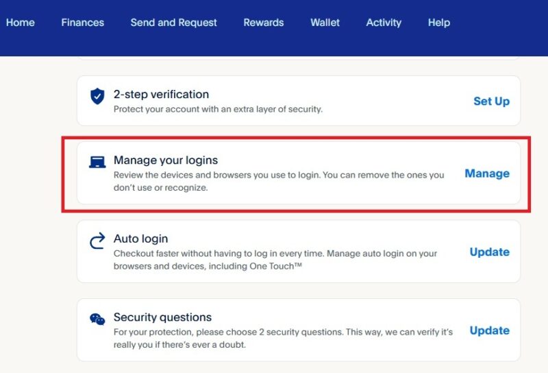Managing logins in PayPal.