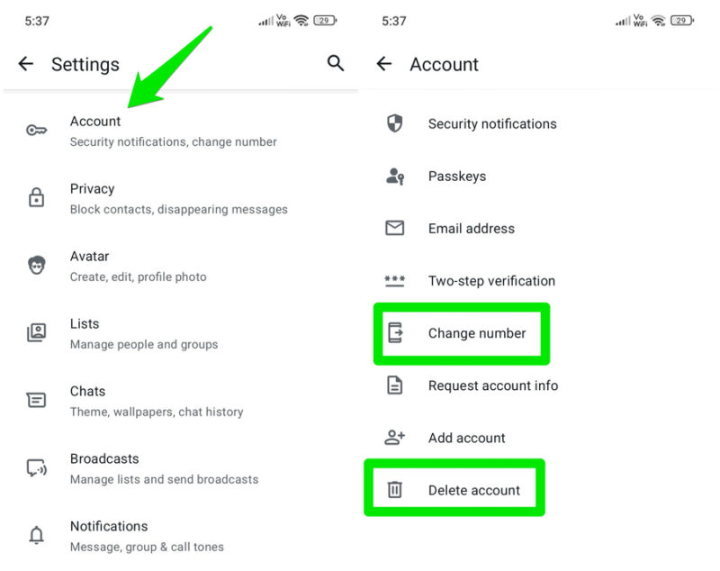 WhatsApp Account options