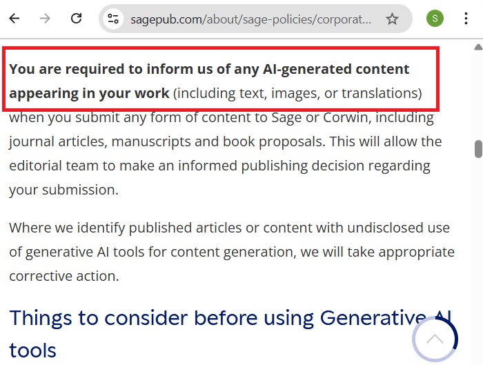AI generated content mandatory disclosure mentioned in SAGE publication guidelines.
