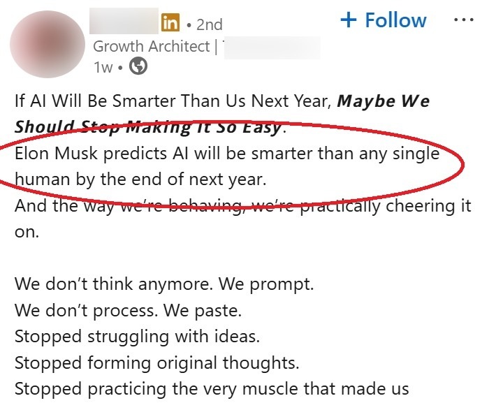 A LinkedIn post glorifying AI usage in writing and equating it to human written work.