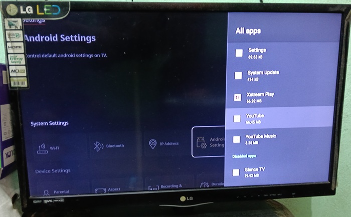 "All apps" on Android TV listing various apps such as YouTube with storage amounts.