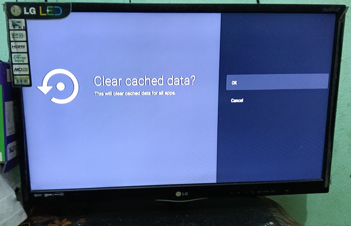 "Clear cached data" option for a smart Android TV.