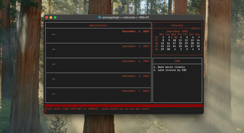 Calcurse new entry using a key