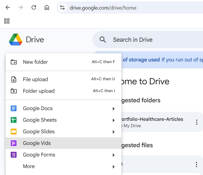 Accessing Google Vids app from Google Drive on a desktop browser.