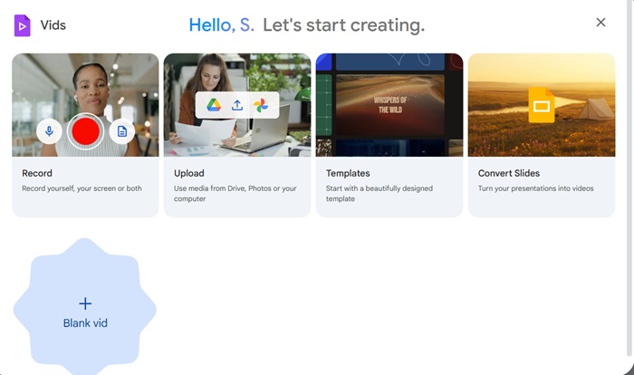 Creating a "Blank vid" listed among other options in Google Vids dashboard.