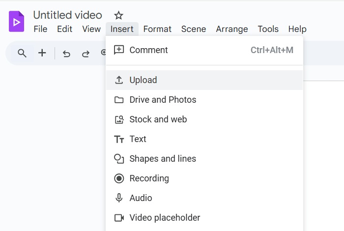 Inserting various elements in Google Vids from "Insert" tab such as "Upload" for videos and photos.