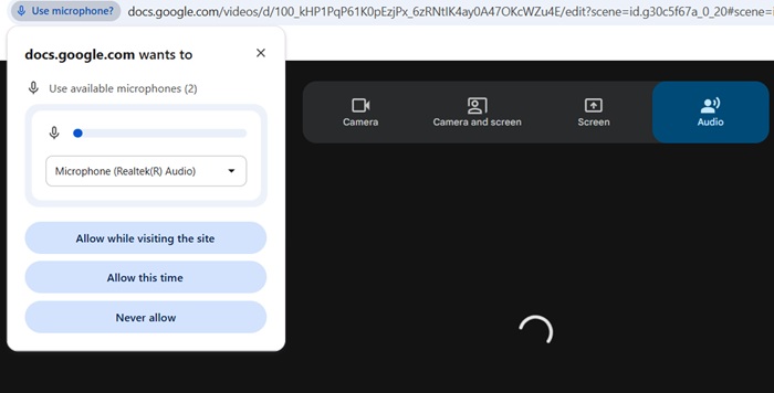 Recording one's own video using Google Vids with webcam/audio access in browser.