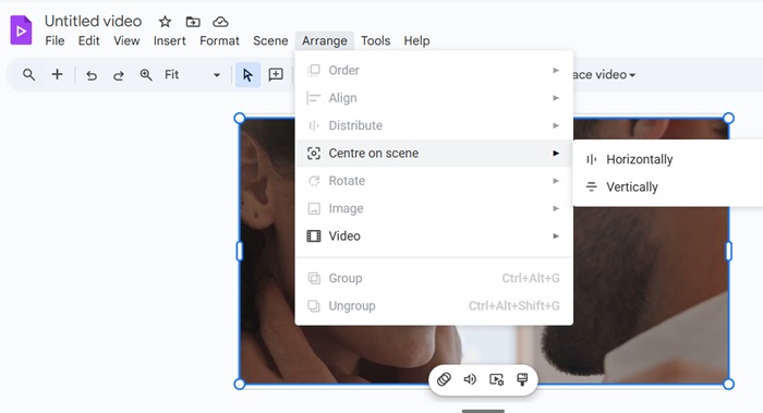 The "Arrange" tab in Vids helps arrange screen elements.