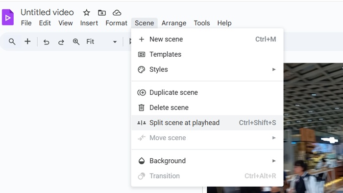 Various scene effects in Google Vids including Split scene at playhead.