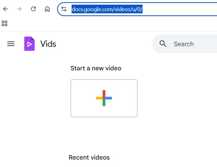 Clicking "Start a new video" at the direct Google Vids webpage.