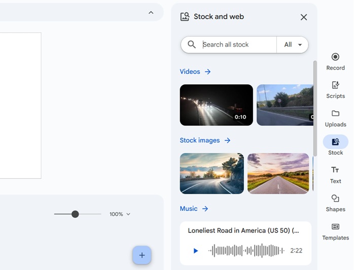 Inserting stock photos, videos, and music from "Stock and web" feature of Google Vids.