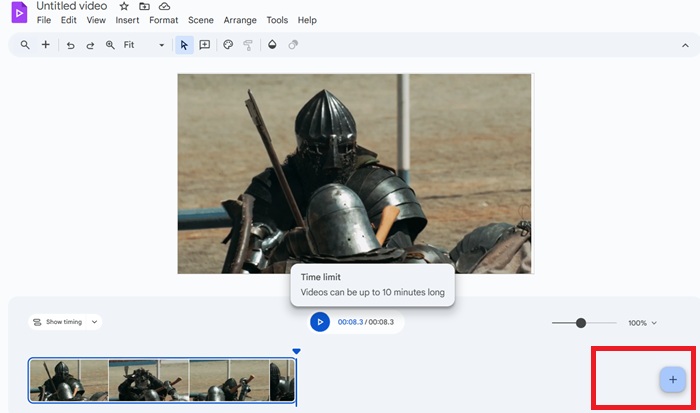 Viewing the scrolling timeline in Google Vids and a plus button for new scenes.