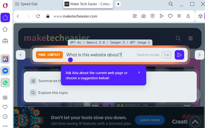 Using Ctrl + Forward to open a chat window in Aria on an Opera webpage.