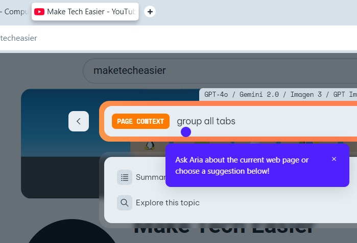 Opera Aria "Group all tabs" command in natural language.