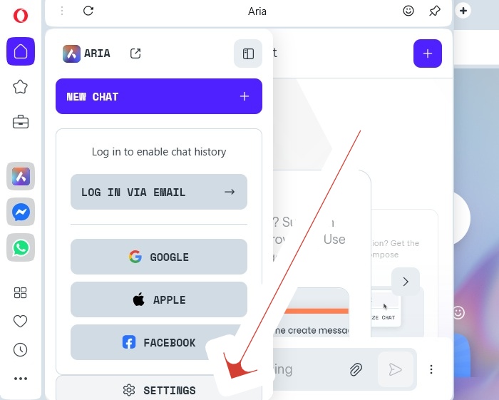 The "Settings" menu for Opera Aria AI assistant.