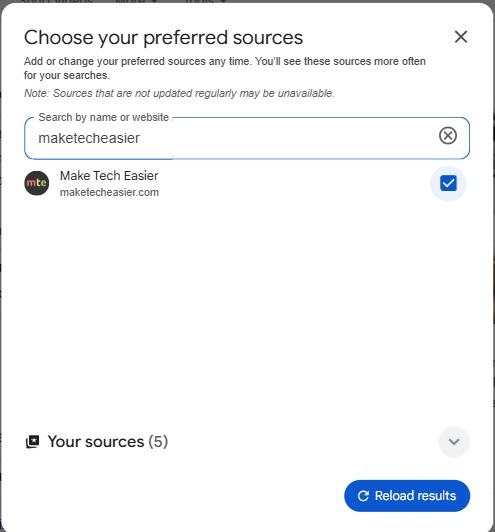 Searching for MakeTechEasier on Google preferred sources.