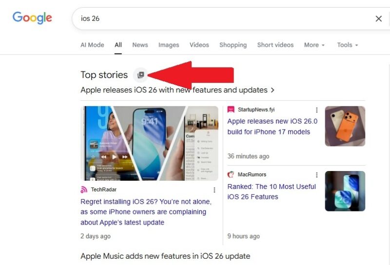 Clicking the preferred sources icon in Google search.