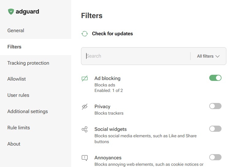Changing filters in AdGuard extension.
