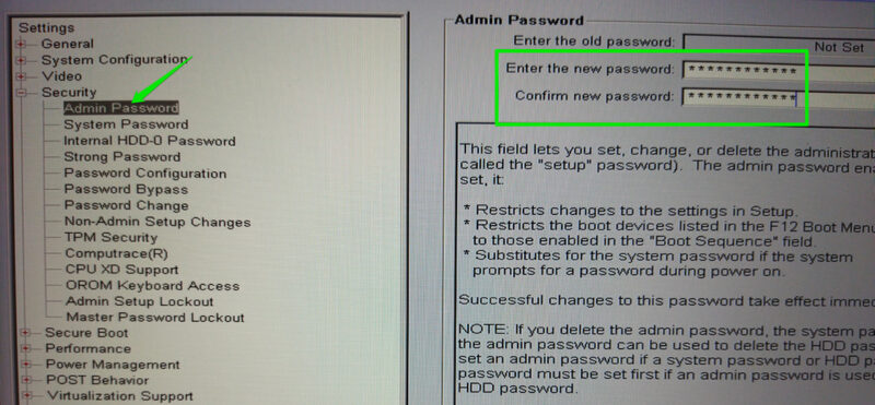 Admin Password setting in UEFI