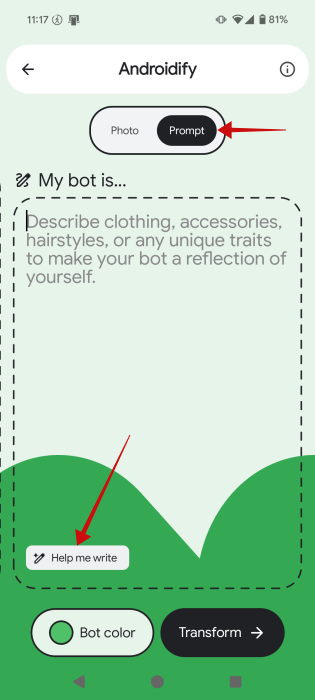 Switching to "Prompt" option in Androidify and viewing "Help me write" button. 