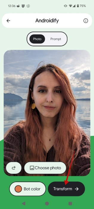 Pressing "Transform" button in Androidify app. 