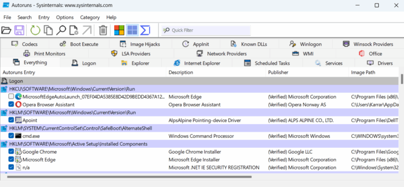 Autoruns showing list of processes