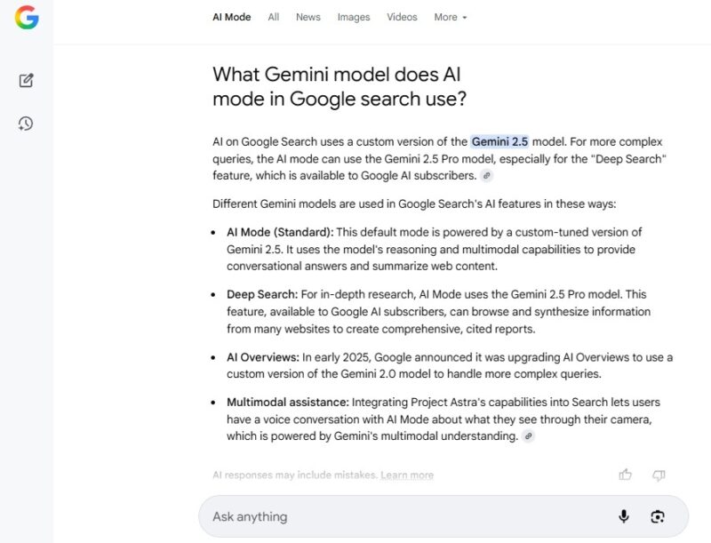 Using AI Mode to research Gemini.