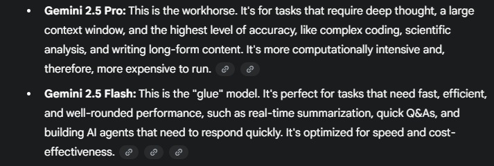 Gemini's description of Pro and Flash differences.