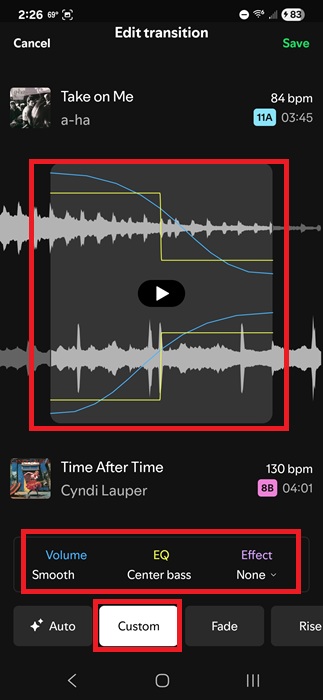Creating a custom Spotify mix in the Edit transition window.