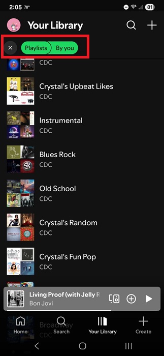 Filtering the Spotify library to only view playlists created by you.