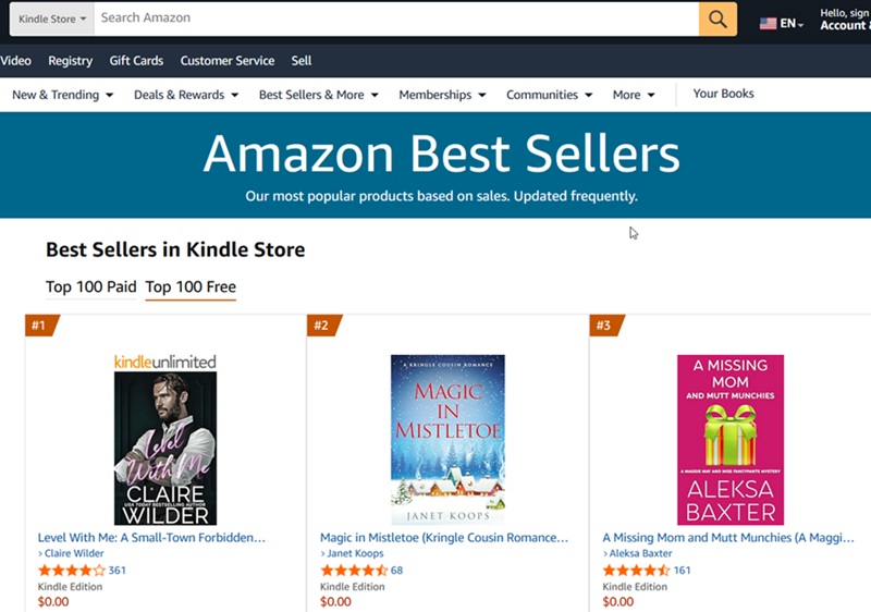 Amazon Best Seller free ebook list view on Amazon website.